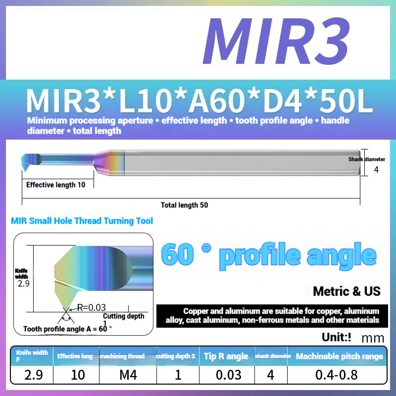 1125-MIR Bore Thread Turning Tools DLC Color Coated Aluminum and Copper CNC Shock Resistant Tungsten Carbide Small Hole Turning Tools Picking Tools Shandong Denso Pricision Tools Co.,Ltd.
